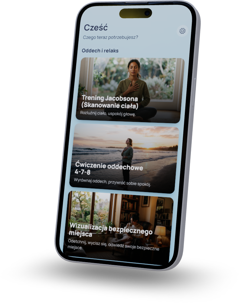 Aplikacja SlowSoul.me na ekranie iPhone'a — ekran powitalny „Cześć” z sekcją „Oddech i relaks” i kafelkami: Trening Jacobsona (skanowanie ciała), Ćwiczenie oddechowe 4-7-8 oraz Wizualizacja bezpiecznego miejsca.