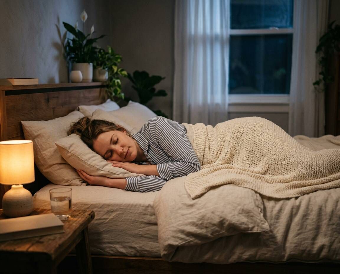 Kobieta śpi na boku w łóżku w ciepło oświetlonej sypialni — zapalona lampka nocna, szklanka wody i książka na stoliku, za oknem noc.